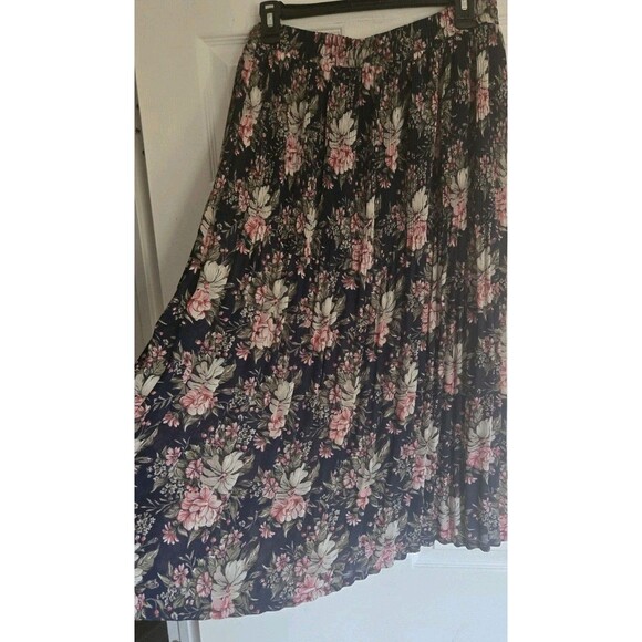 Sag Harbor Navy Pink Floral Pull-on Pleated Skirt Womens Large Long Midi Elastic - Picture 4 of 11